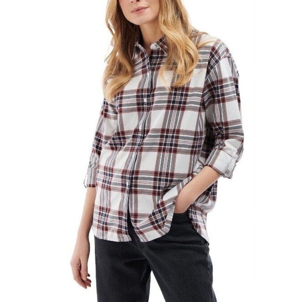 Barbour Bethwin Shirt Womens US 12 White Navy Red Plaid Cotton Button Down